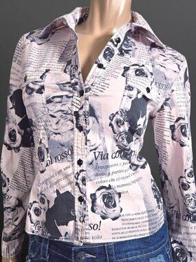 Y2K Pink Newsprint Button Up Shirt Blouse size L Tight Fitted Office Siren Retro